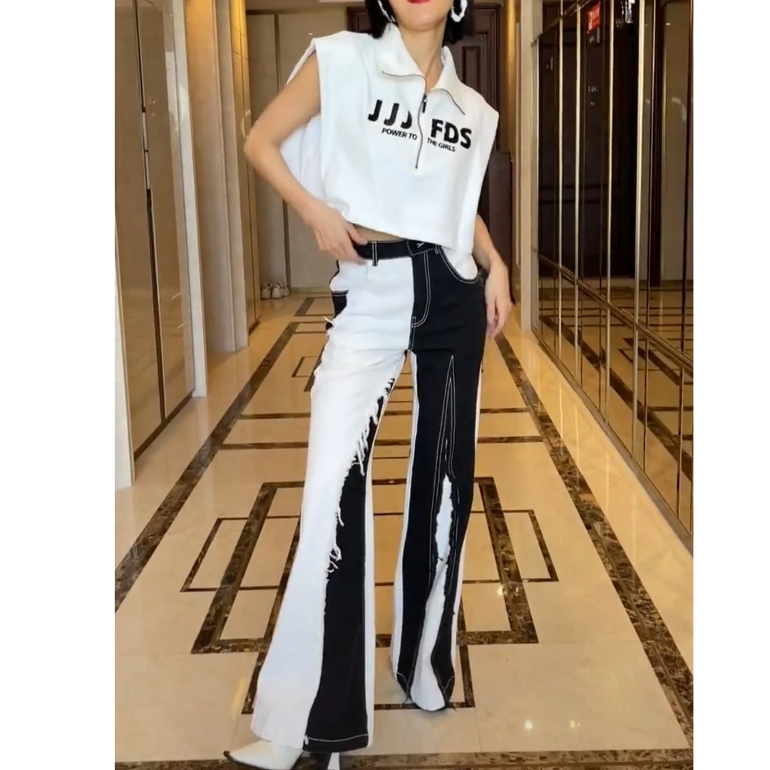 JJJ- 夏季时尚显瘦设计感黑白拼接喇叭裤1K106 微瑕