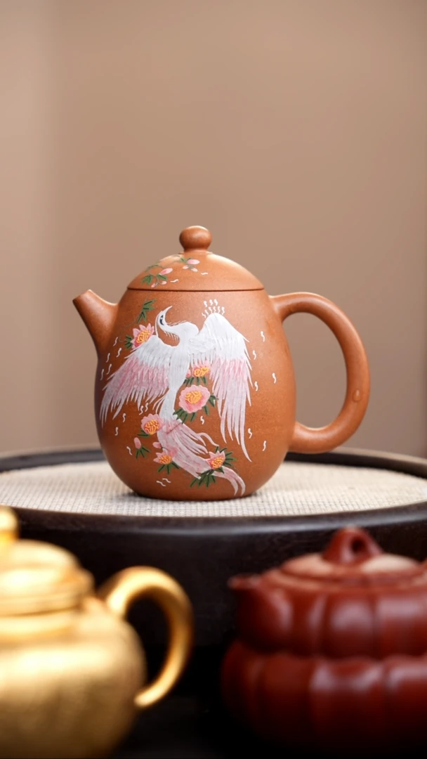 茶壶紫砂金砂段泥龙蛋泥绘白凤005