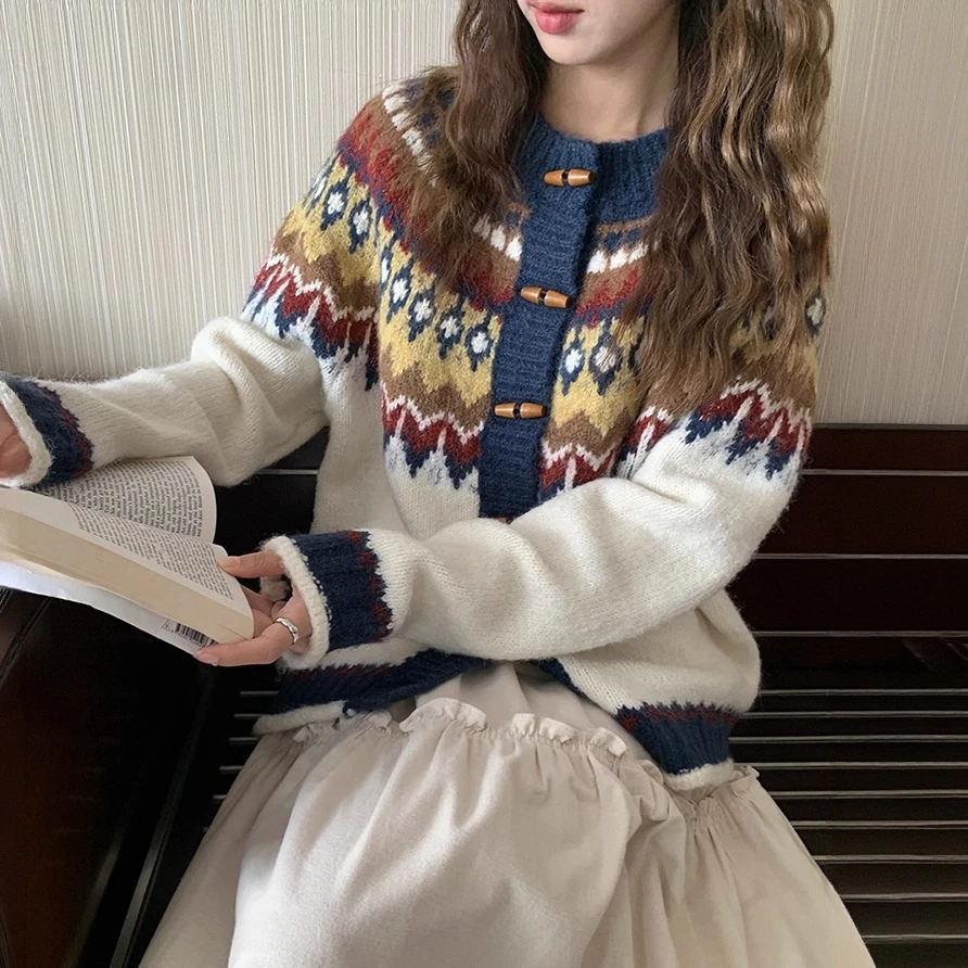 复古费尔岛牛角扣毛衣外套女2025秋冬新款韩系慵懒风软糯针织开衫