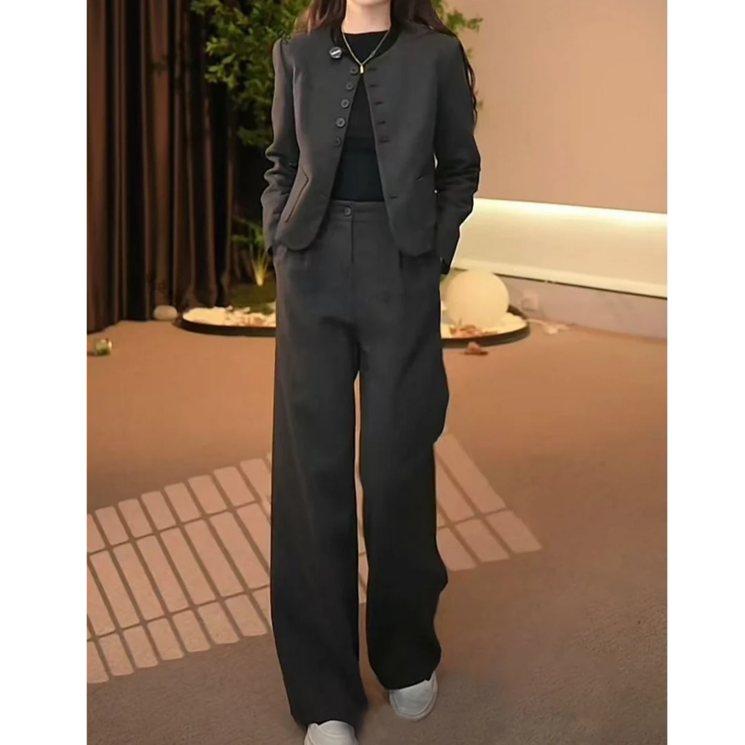 时尚休闲百搭显瘦夹棉外套阔腿裤两件套2025新款冬季遮肉减龄套装