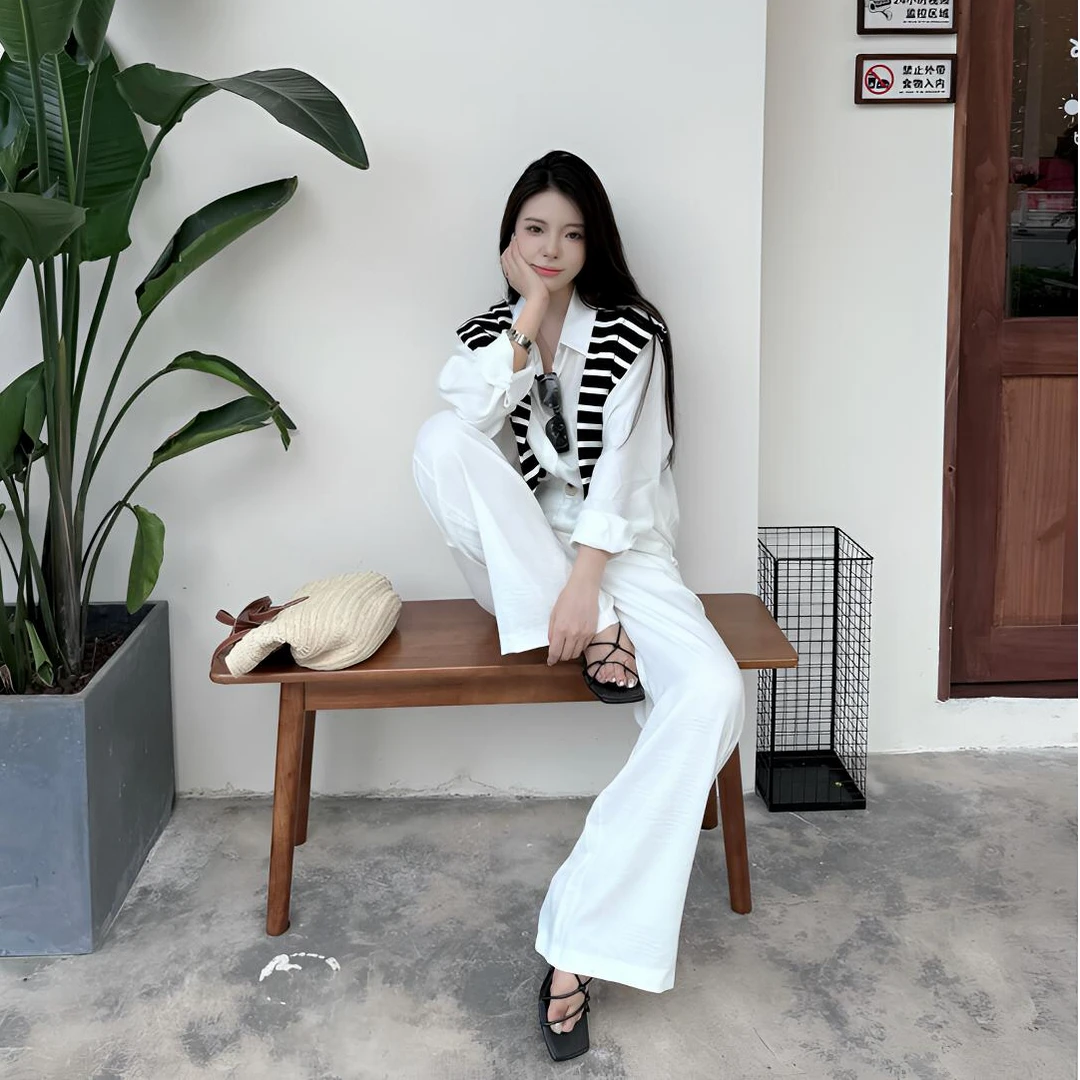 休闲气质白色长裤套装女早秋2025新款时尚高腰阔腿裤三件套