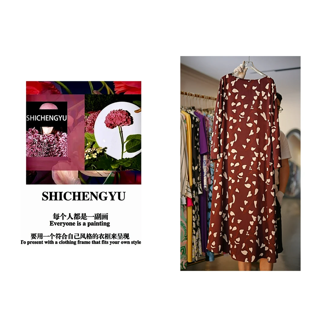 D009时尚设计师新款「飘落花瓣」一字领连衣裙