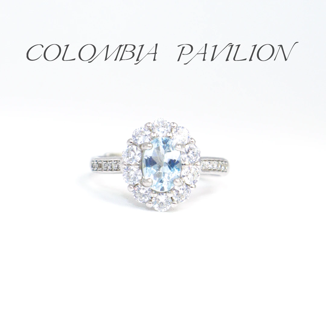 3114-S925银-天然海蓝宝戒指-太阳花款-5mm*7mm