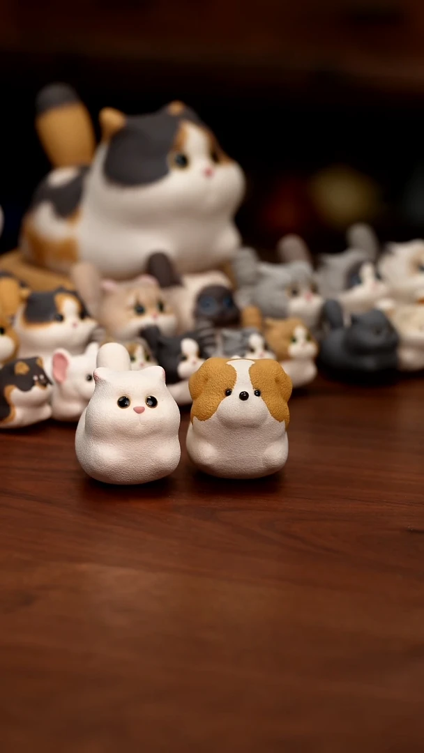 紫砂摆件喵喵的猫狗双全