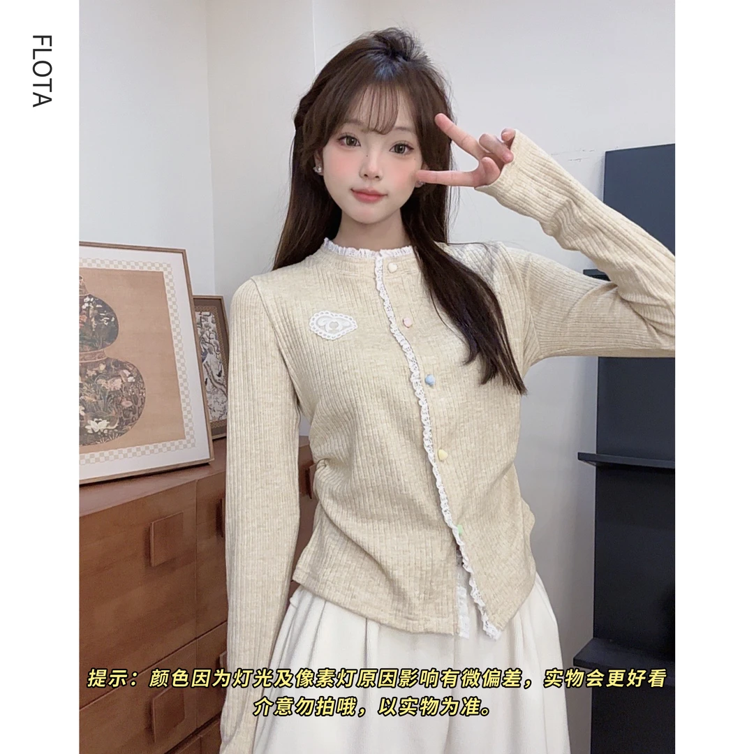 【flota】风春秋新款欧若蕾丝边针织开衫爱心显瘦百搭上衣2301