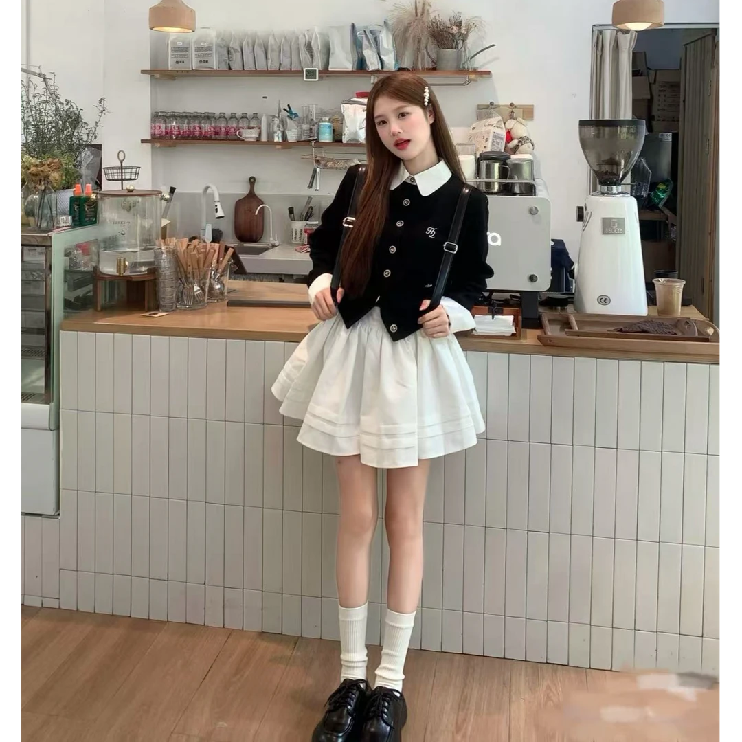 初秋减龄少女感撞色拼接假两件针织开衫毛衣外套木耳边百褶裙套装