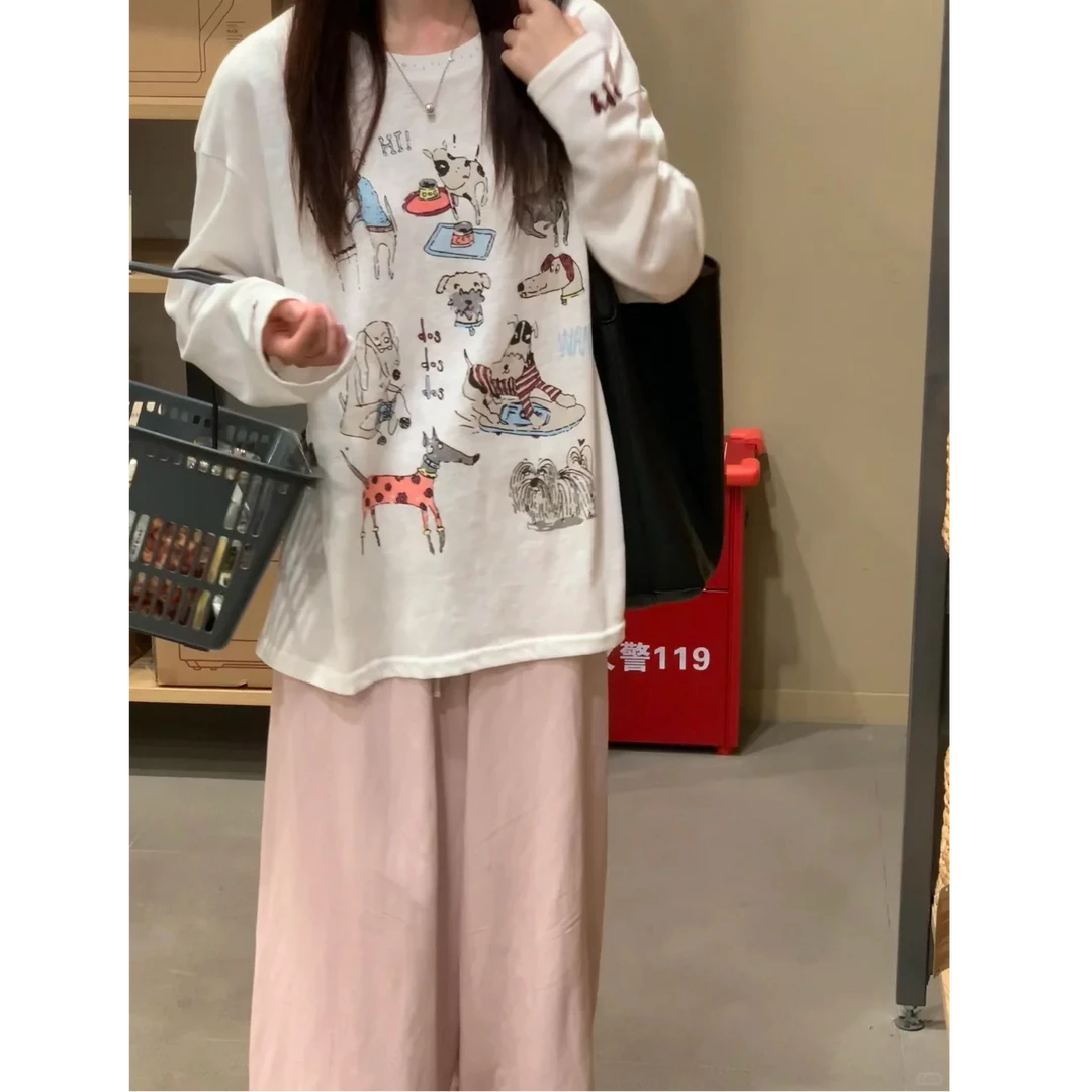 设计感白色卡通印花长袖防晒t恤空调衫女夏外搭宽松薄纱罩衫上衣