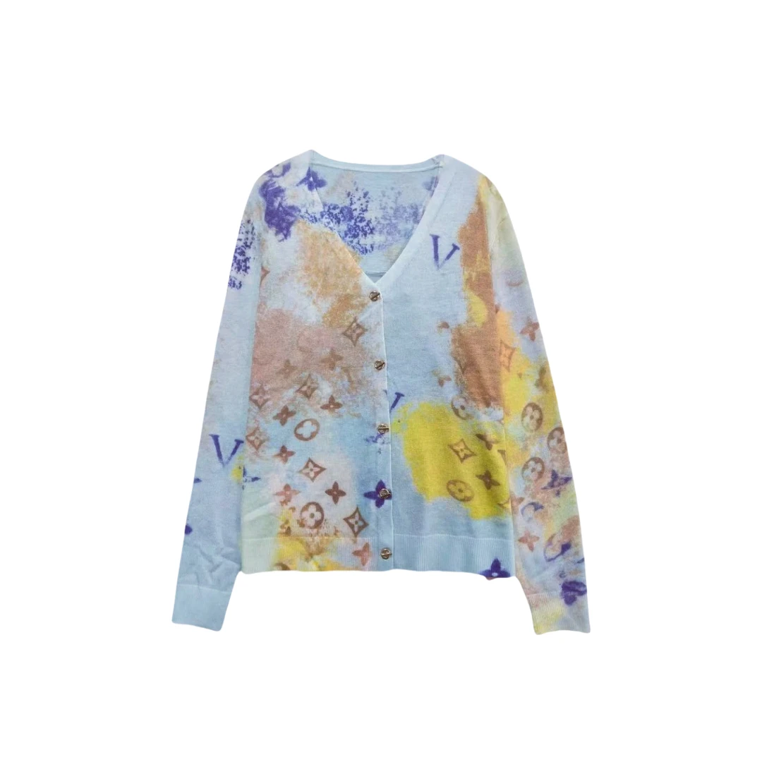 春夏新款V领长袖薄款针织上衣印花开衫春KS5056