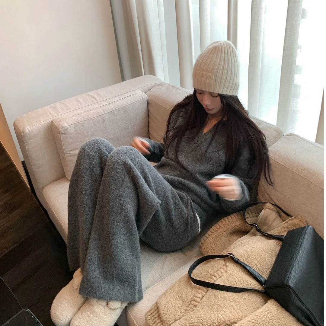 灰色休闲运动时尚套装女秋冬新款韩版宽松慵懒风高腰阔腿裤两件套