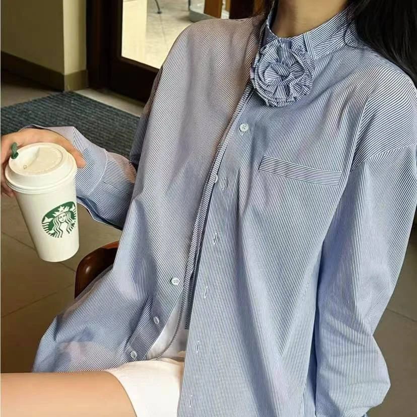 GIRDEAR/哥弟春夏薄款长袖宽松型条纹显瘦衬衣衬衫130050