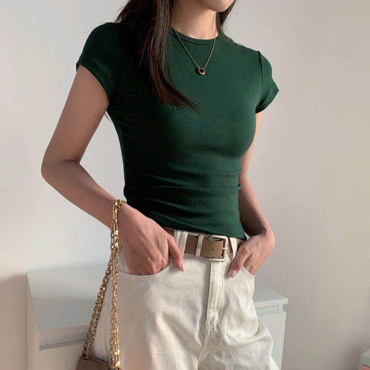 圆领修身正肩短款t恤女2025春夏弹季力棉百搭紧身短袖显瘦上衣ins
