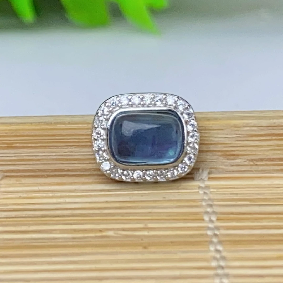 【萌宝饰品】B133天然海蓝宝蛋面长方形通孔款9*11mm银色镶DIY配件