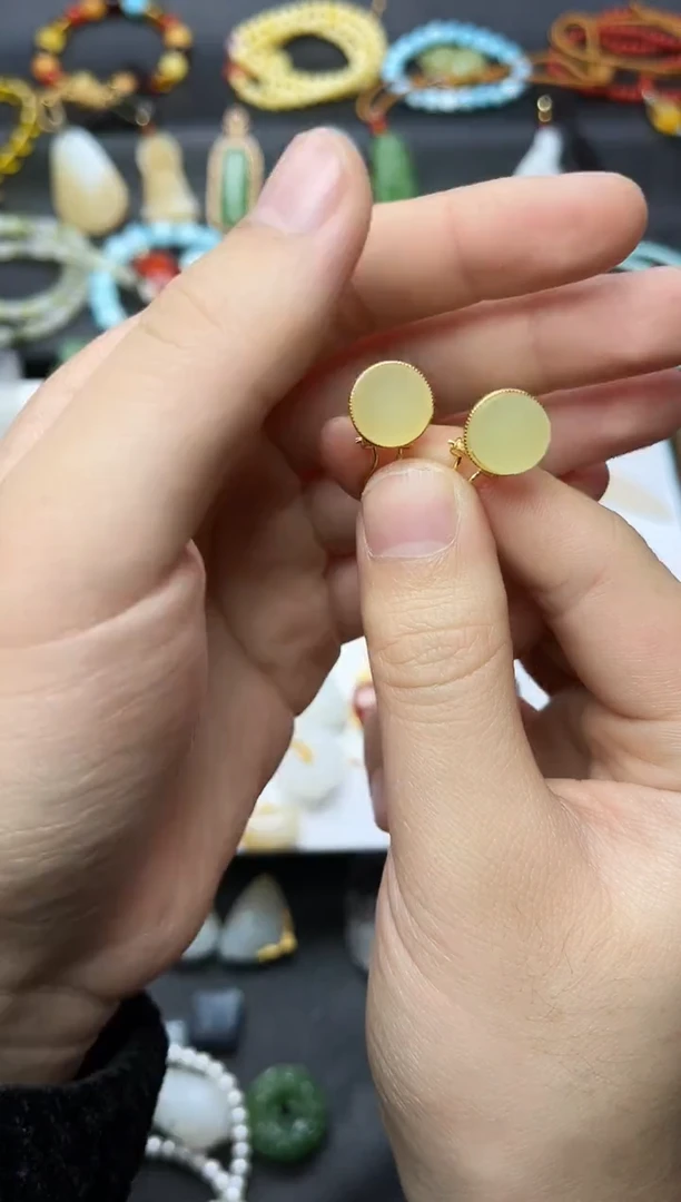 银S925镶嵌和田玉耳饰圆牌耳扣06