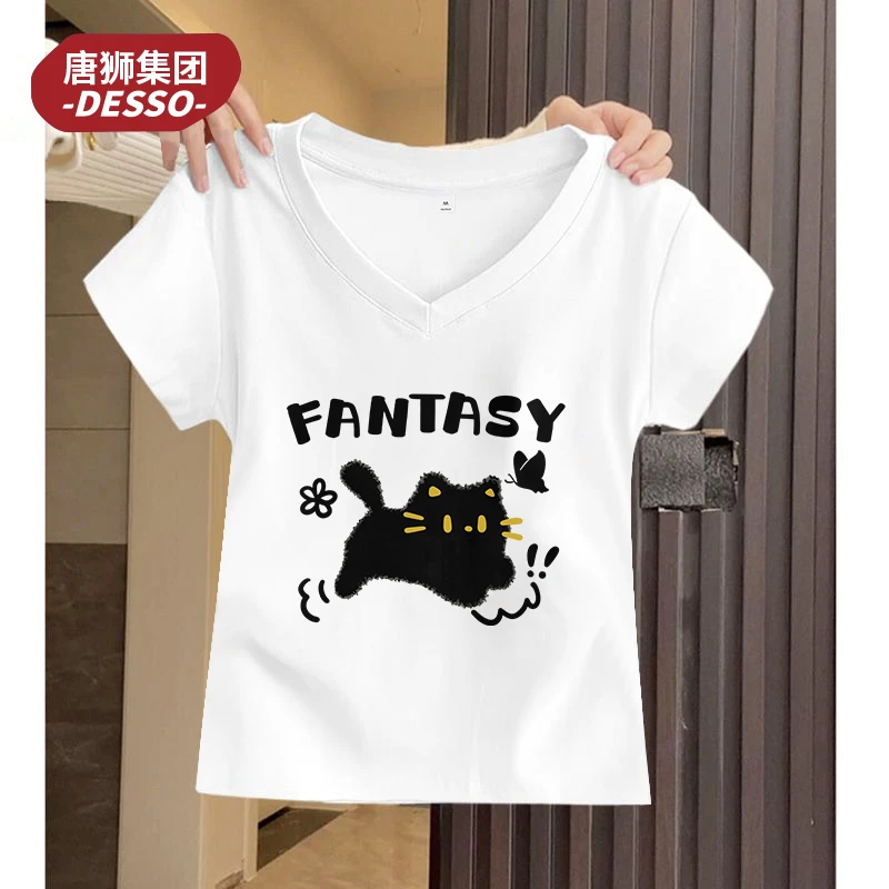唐狮集团DESSOV领正肩纯棉T恤女2025韩系通勤装上衣短袖洋气衣服