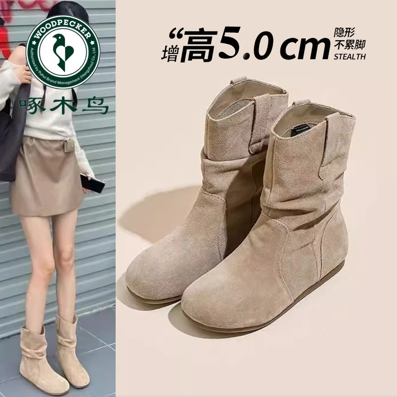 啄木鸟内增高平底短靴女2025秋季新款美拉德马丁靴勃肯堆堆靴单靴