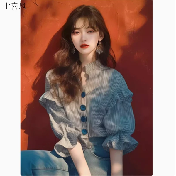 夏季新款时髦条纹上衣黑白相间宽松版型荷叶边装饰公主袖衬衫休闲