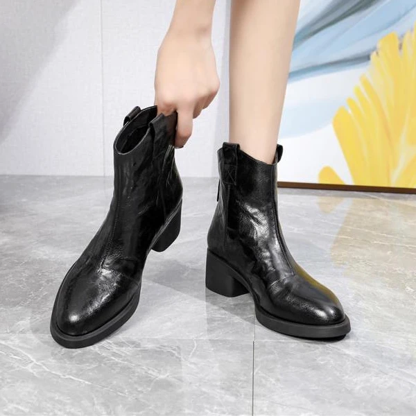 粗跟羊皮短靴008231黑色