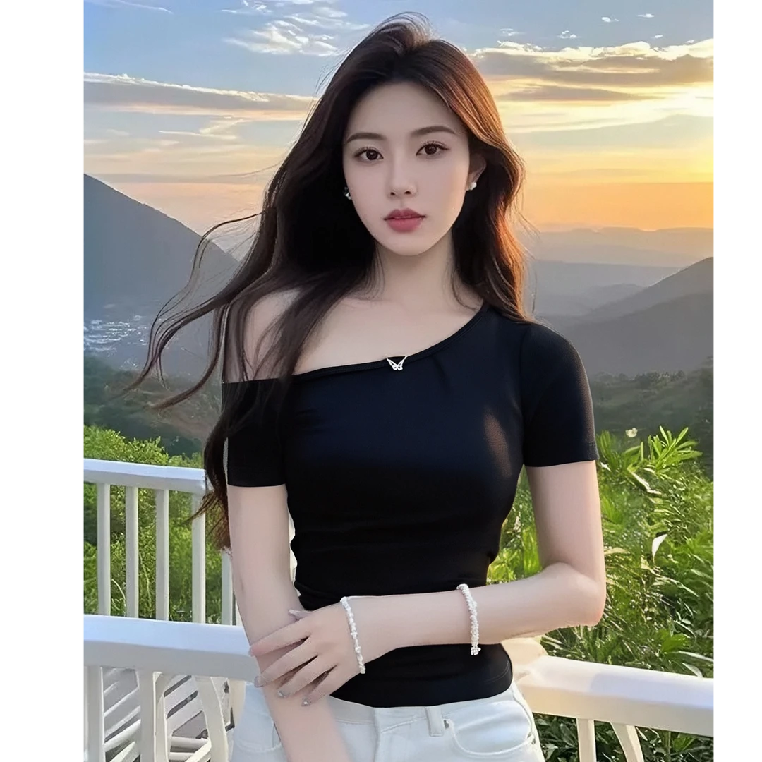 黑色露肩短袖t恤女2025新款纯棉v领独特设计感小众修身显瘦上衣夏