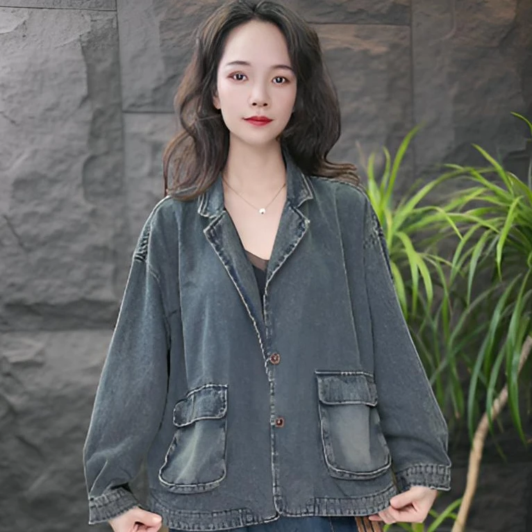 JJ秋季做旧女三粒扣长袖短外套宽松水洗翻领小众牛仔外套小西服