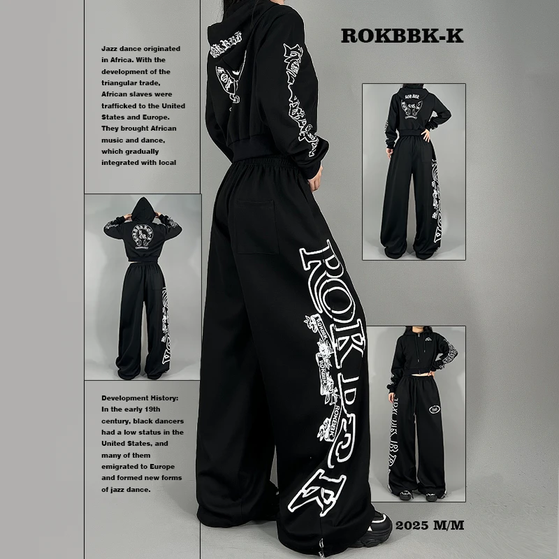 ROKBBK-K布韩街舞潮牌秋冬上新字母印花黑色两件套休闲裤女爵士舞
