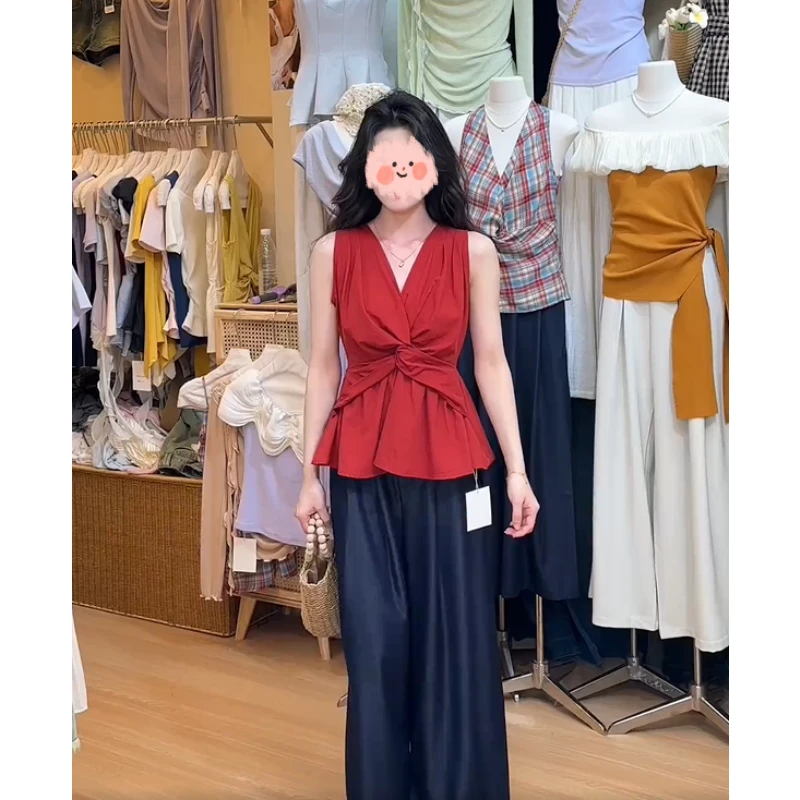 法式V领扭结红色吊带背心女夏季外穿设计感小众修身无袖上衣