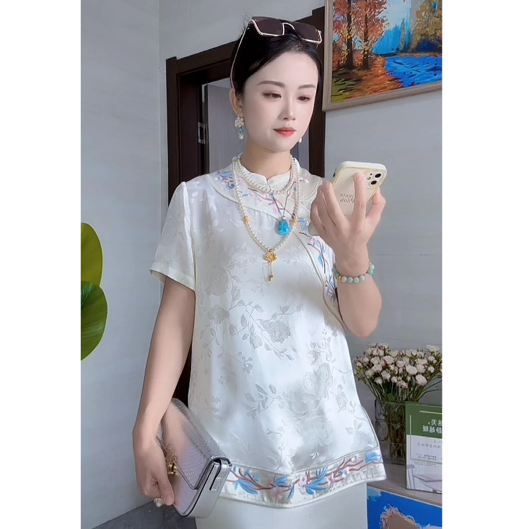 RONGRONG【玉兰 · 清雅】新中式国风高定刺绣人丝花萝夏季上衣35159