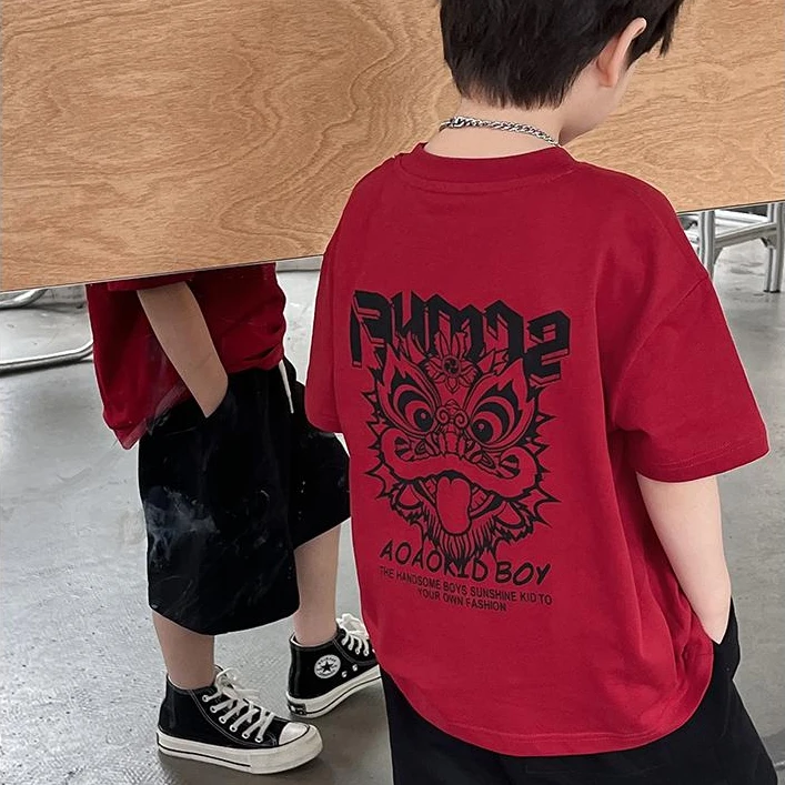 儿童夏装男童短袖T恤夏季2025新款童装纯棉薄款上衣男孩红色体恤