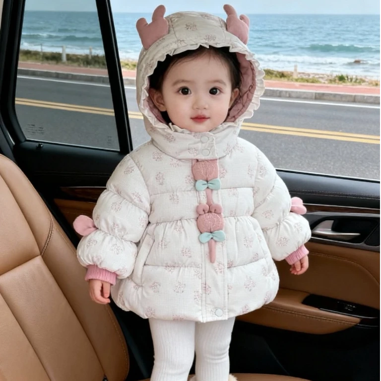 碎花门襟糖果棉服儿童女童婴儿宝宝连帽加厚女宝冬季洋气长款加绒