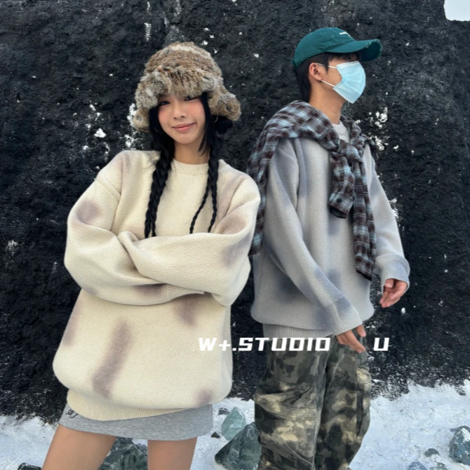 阿叔秋冬美式复古喷色针织衫慵懒百搭圆领情侣毛衣GYS-9537