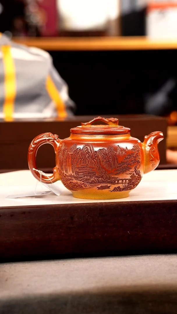 茶壶紫砂火云烧 如意鼓壶 刻绘