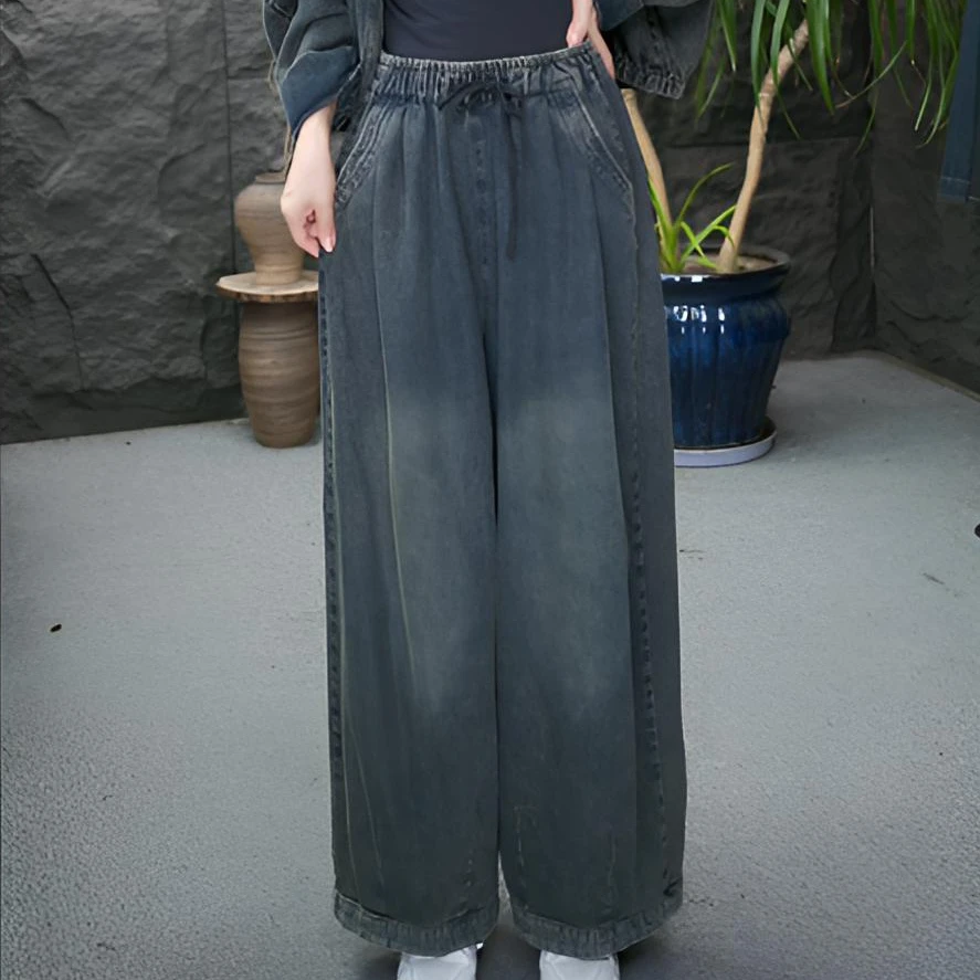 JJ休闲风长裤高腰女做旧常规牛仔裤百搭女装复古时尚阔腿牛仔裤