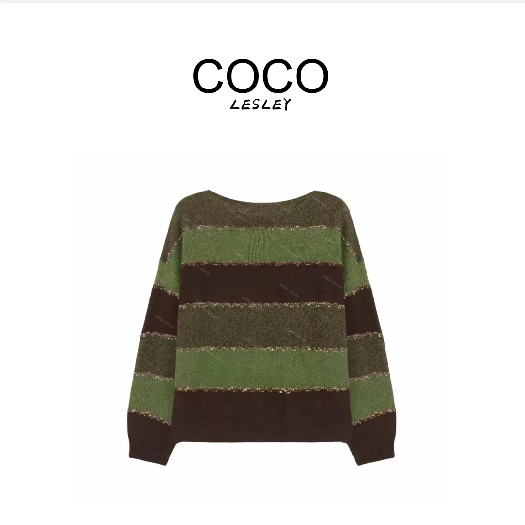 【COCO LESLEY】羊毛马海毛撞色条纹亮丝宽松针织毛衣msl821