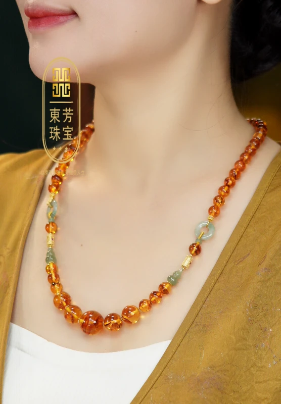 東芳珠宝-天然花珀项链塔链琥珀项链和田玉平安扣葫芦设计款百搭