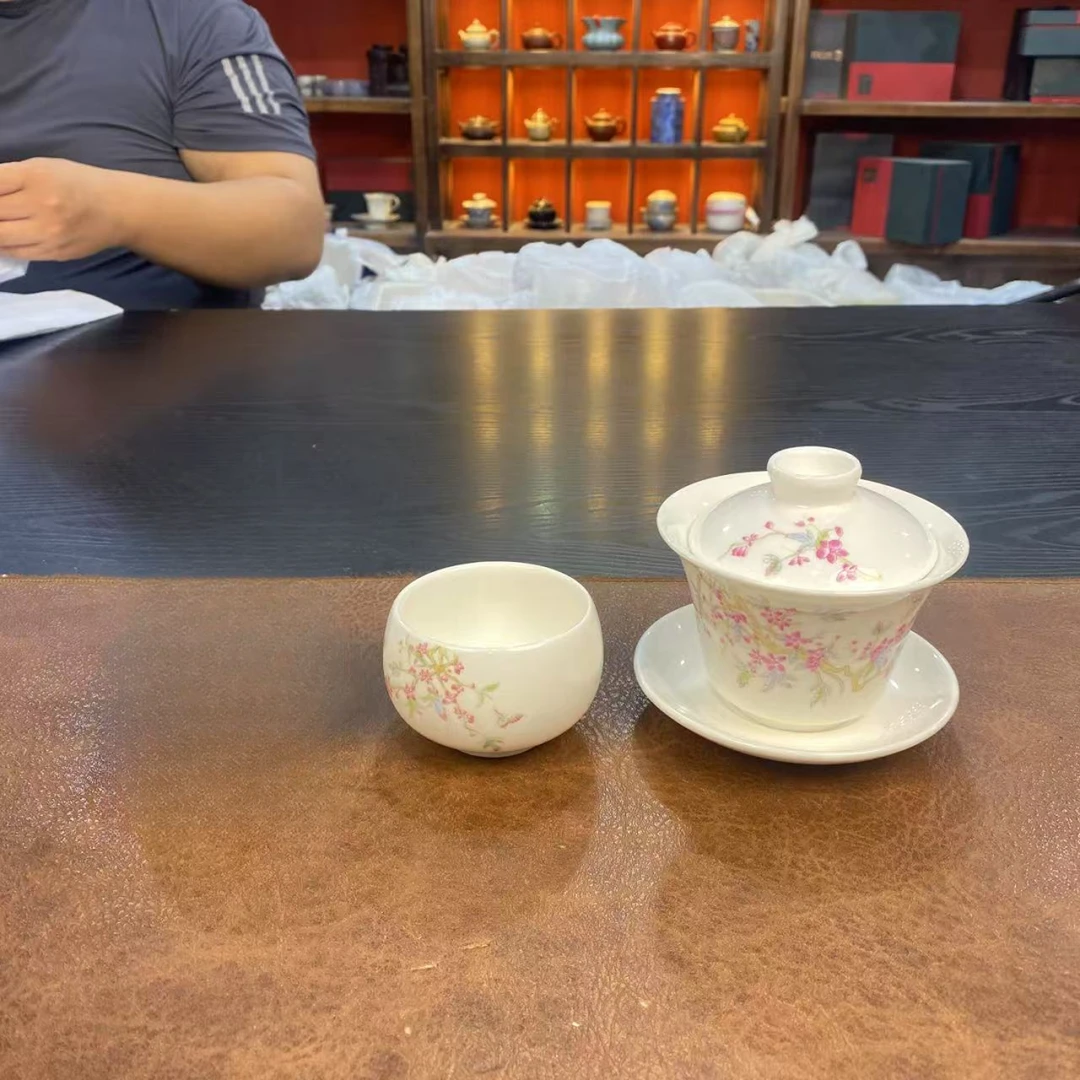 紫藤花羊脂玉瓷盖碗一壶一杯家用茶具