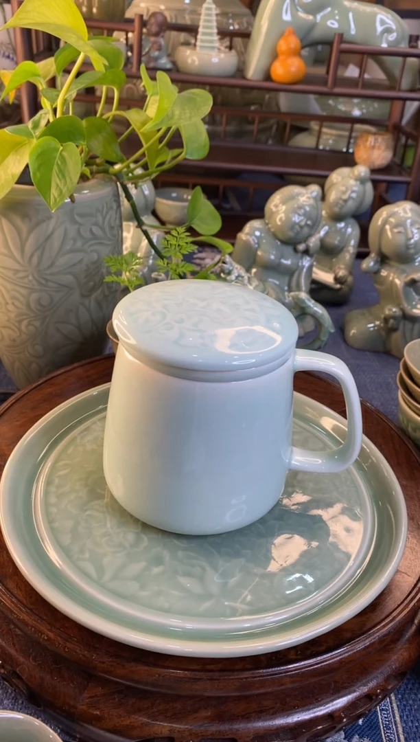 耀州窑 天青釉素面牡丹茶漏杯 微瑕特价1只