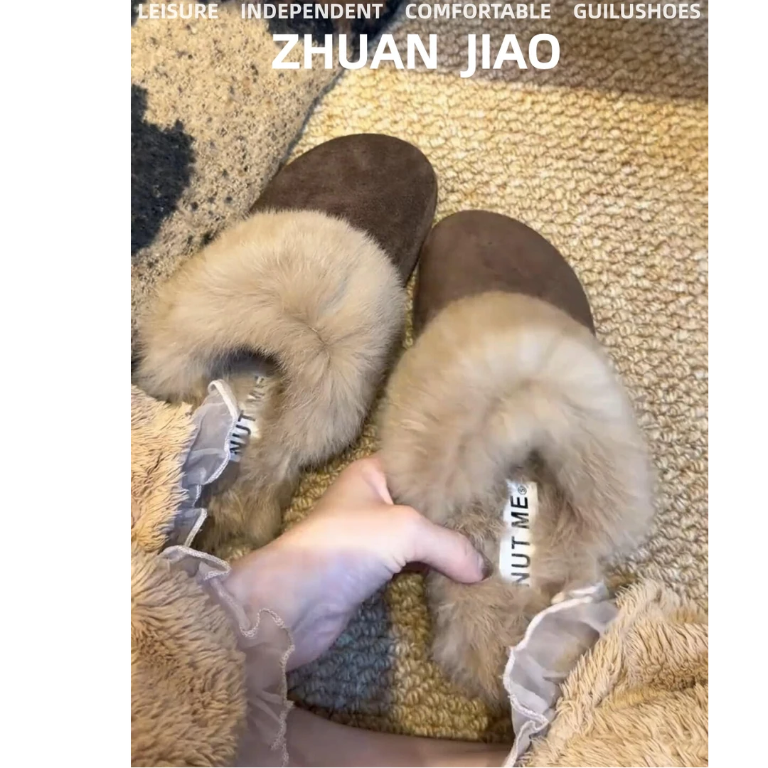 厚底包头半拖鞋女外穿2025冬季新款复古加绒保暖勃肯毛毛鞋棉拖鞋