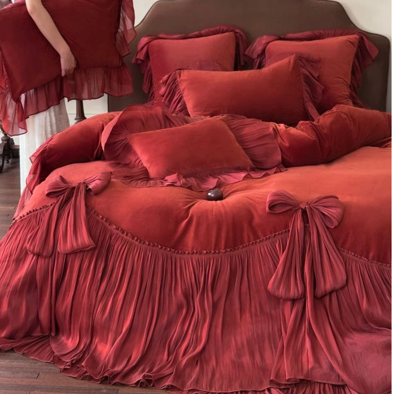 伊伊推荐【绒--醉仙子】法式婴肤绒海岛褶皱纱床盖款四件套秋冬