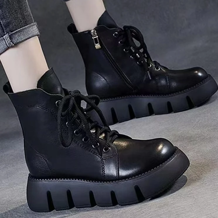 2024新款女冬季软皮毛棉靴加厚底马丁靴短靴加绒保暖女棉鞋