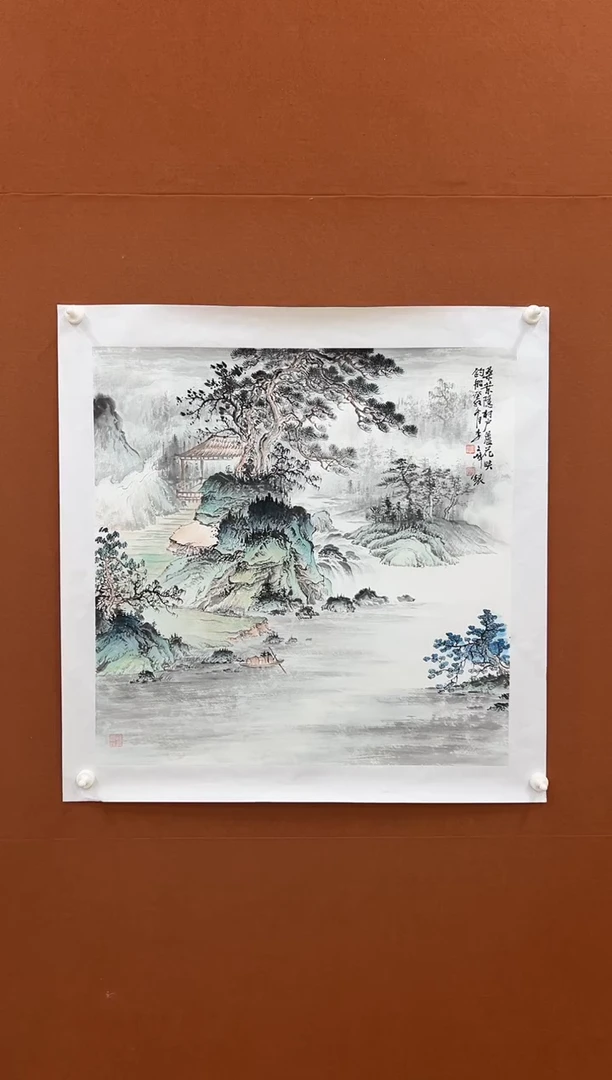 国画李文峰四尺斗方青绿仿古山水