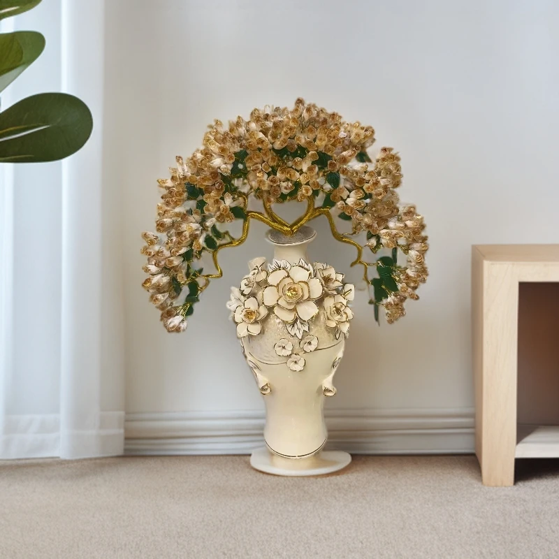 『锦尚』国色天香陶瓷花瓶天然水晶树家居摆件纯手工玄关高档轻奢