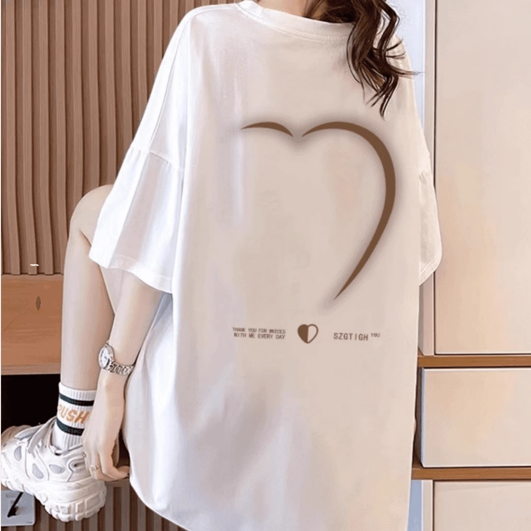 大码女装2025新款夏季宽松纯棉短袖t恤女中长款爱心印花休闲上衣