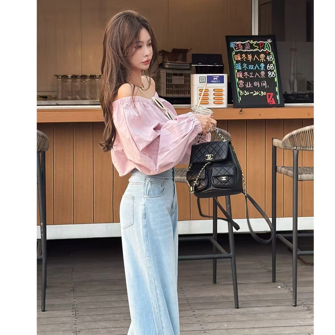 【YKL】盐系少女淡粉泡袖拉肩上衣/浅蓝高腰两扣毛边直筒裤