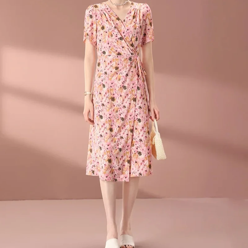 宝丫轻奢  T女式时尚减龄V领系带印花短袖连衣裙K2143
