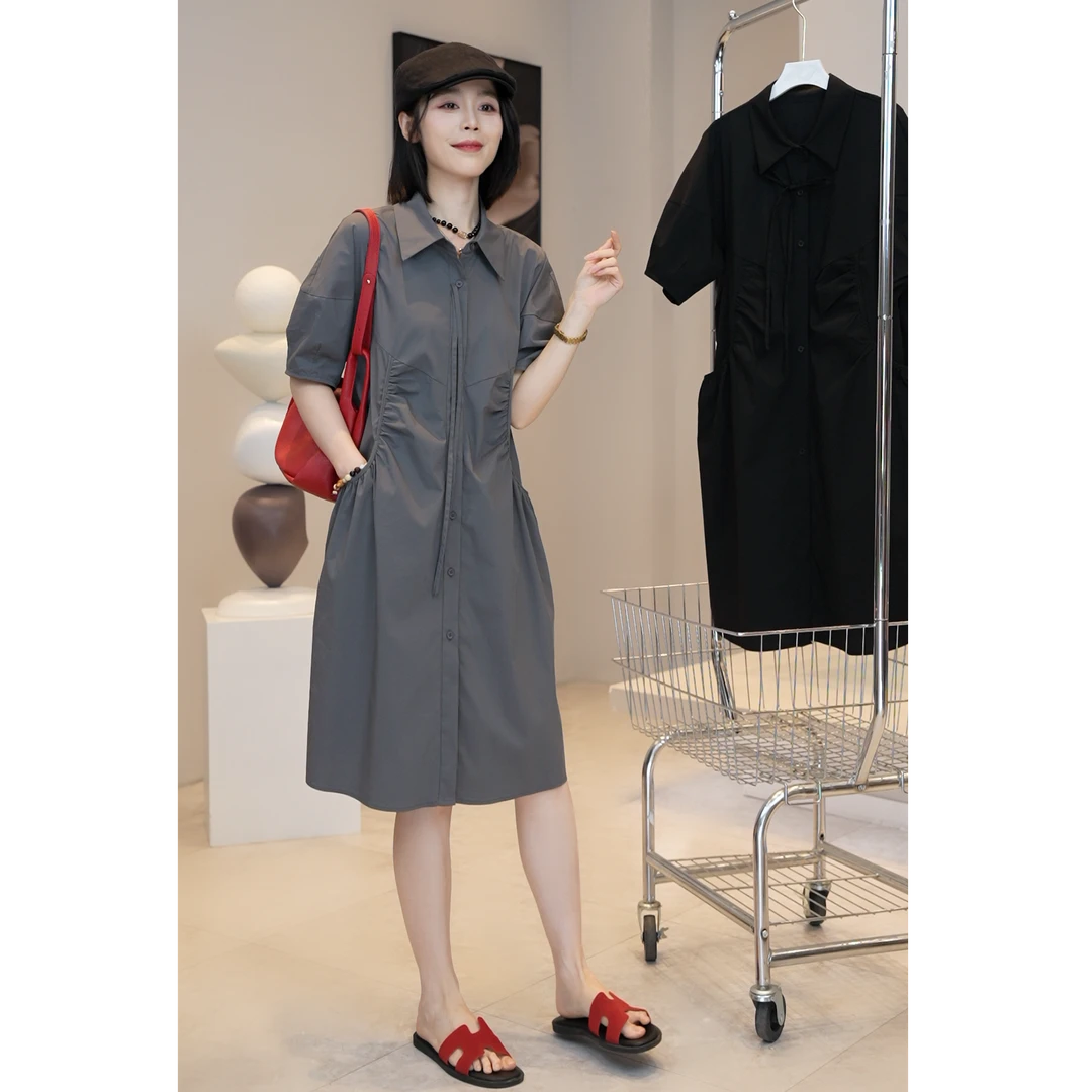 少量现【YUE YUE】夏季百搭洋气翻领大口袋宽松短袖衬衫连衣裙D593