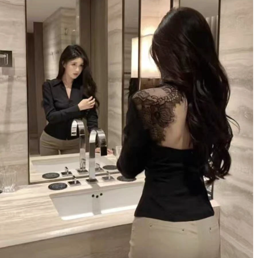 晴玥2473性感露背蕾丝衬衫设计感小众独特别致港味辣妹上衣