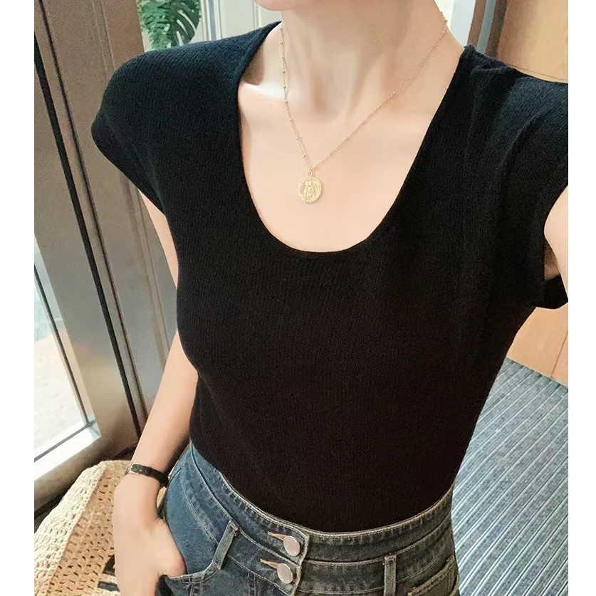「三醋酸+莱赛尔天丝」U领短袖女修身软亲肤夏季薄款黑色打底衫上衣