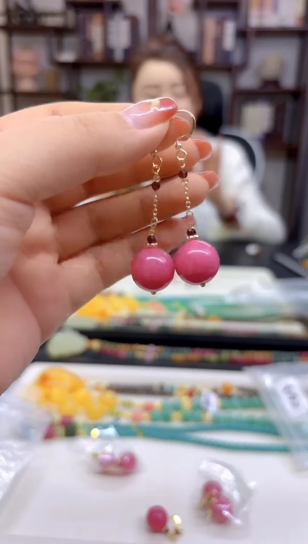 【闪购商品】菱锰矿（红纹石）耳坠14K金镶嵌E613