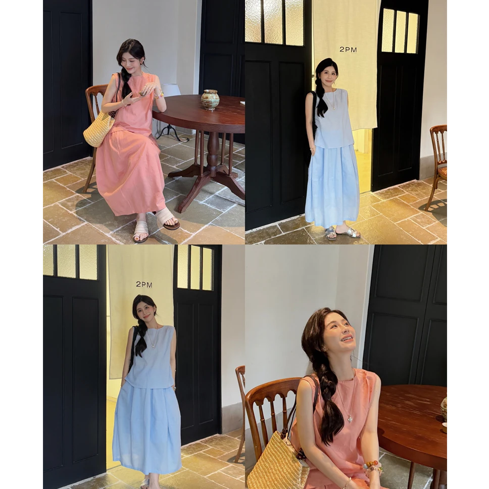 YPP!【月光手信】无袖背心上衣+A字宽松半身裙两件套女夏套装