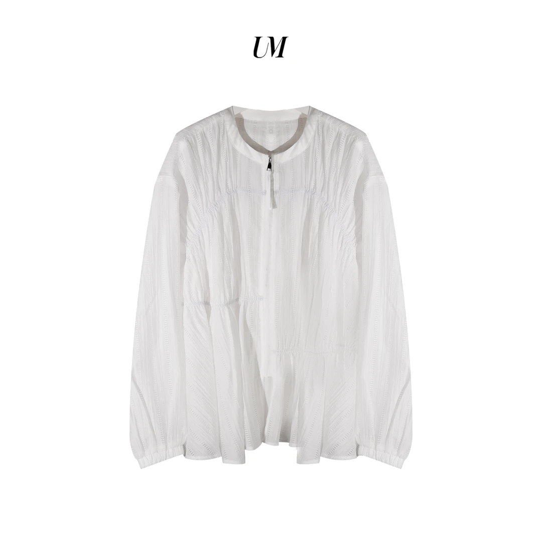 【U.M】天空之城高支亚麻抽褶式圆领拉链防晒外套