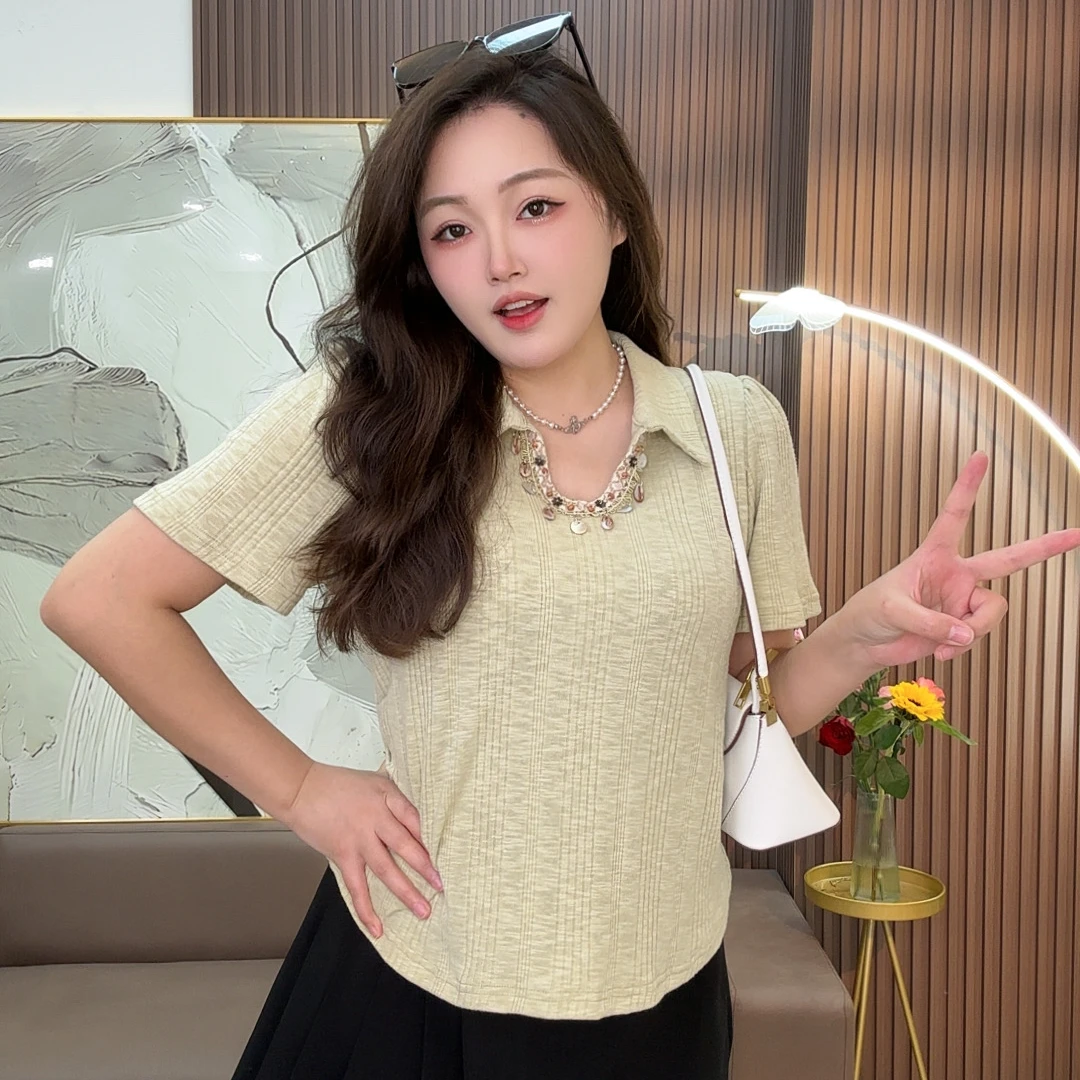 2025新款大码女装设计感钉珠短袖T恤女胖MM显瘦百搭别致上衣